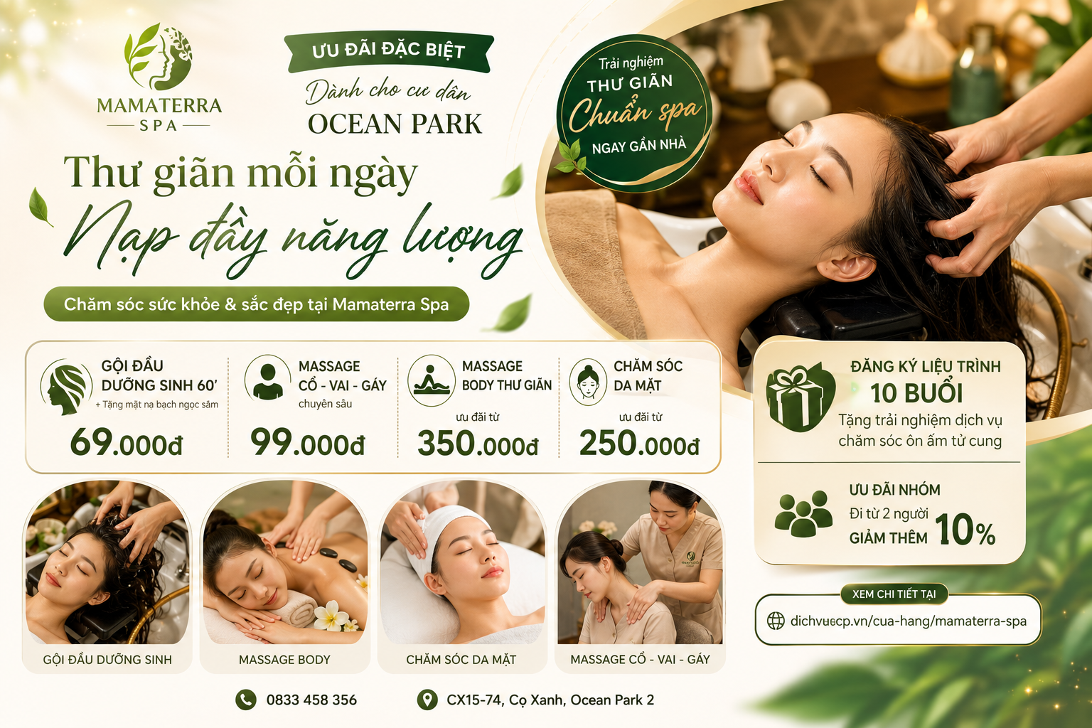 🌿 DichVuOCP kết nối ưu đãi Mamaterra Spa dành cho cư dân OCP2&3 – Trải nghiệm từ 69K